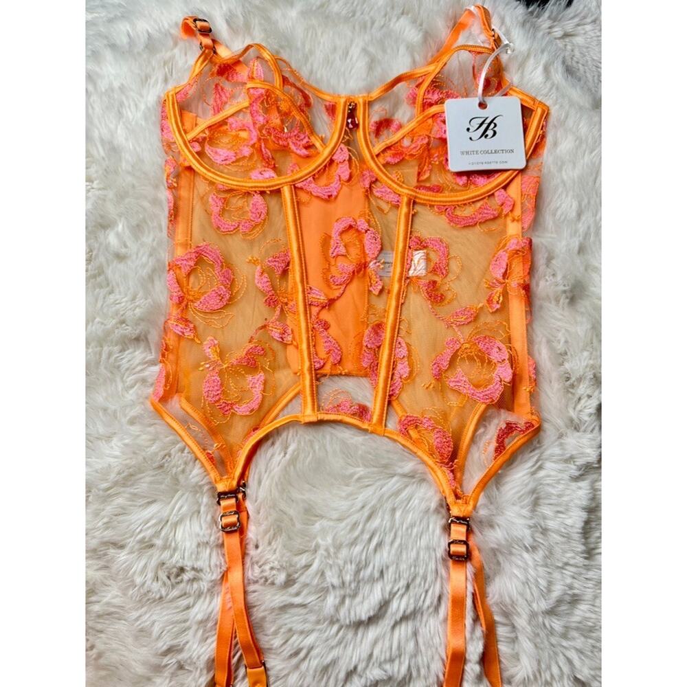 Honey Birdette SOLIS🧡 Bright Orange & Pink Floral Embroidered Bustier 34C - Picture 2 of 4